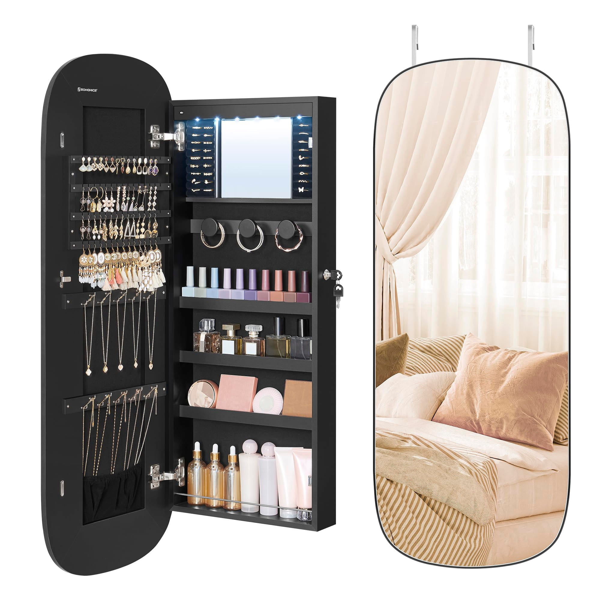 LED jewelry organizer cabinet with lockable rounded mirror and storage compartments.