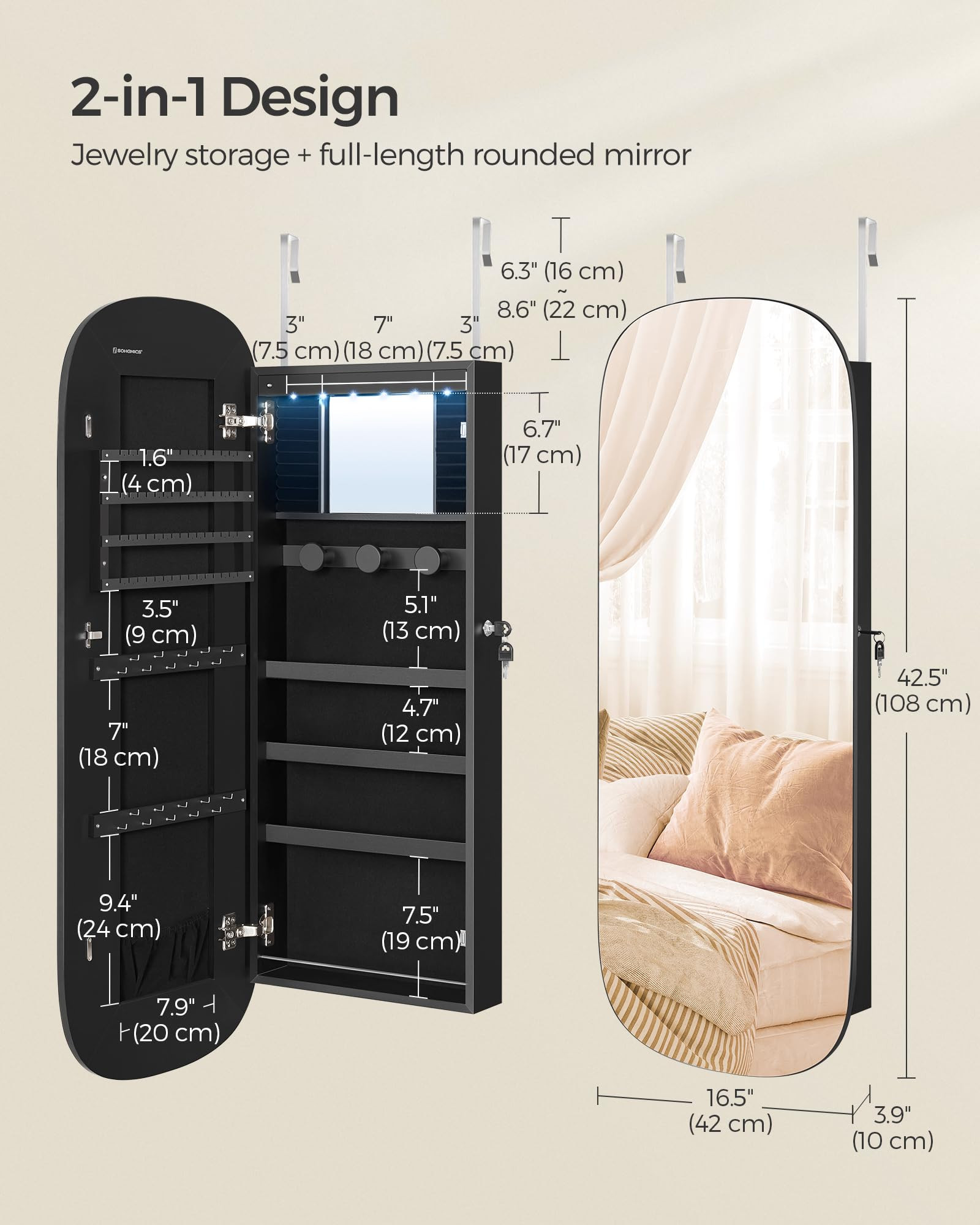 2-in-1 jewelry storage and rounded full-length mirror dimensions diagram.