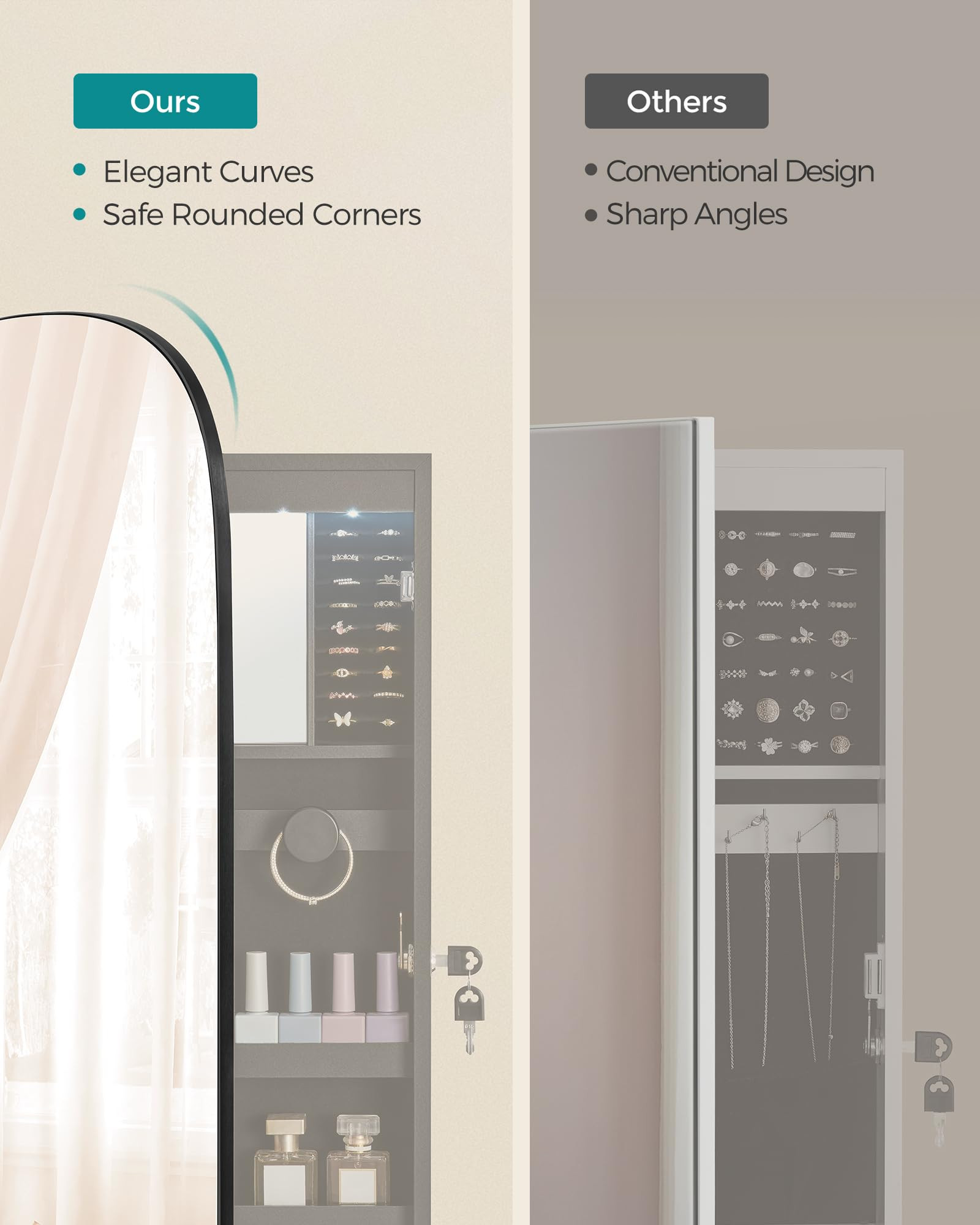 Rounded-curves design comparison for LED jewelry organizer mirror cabinet.