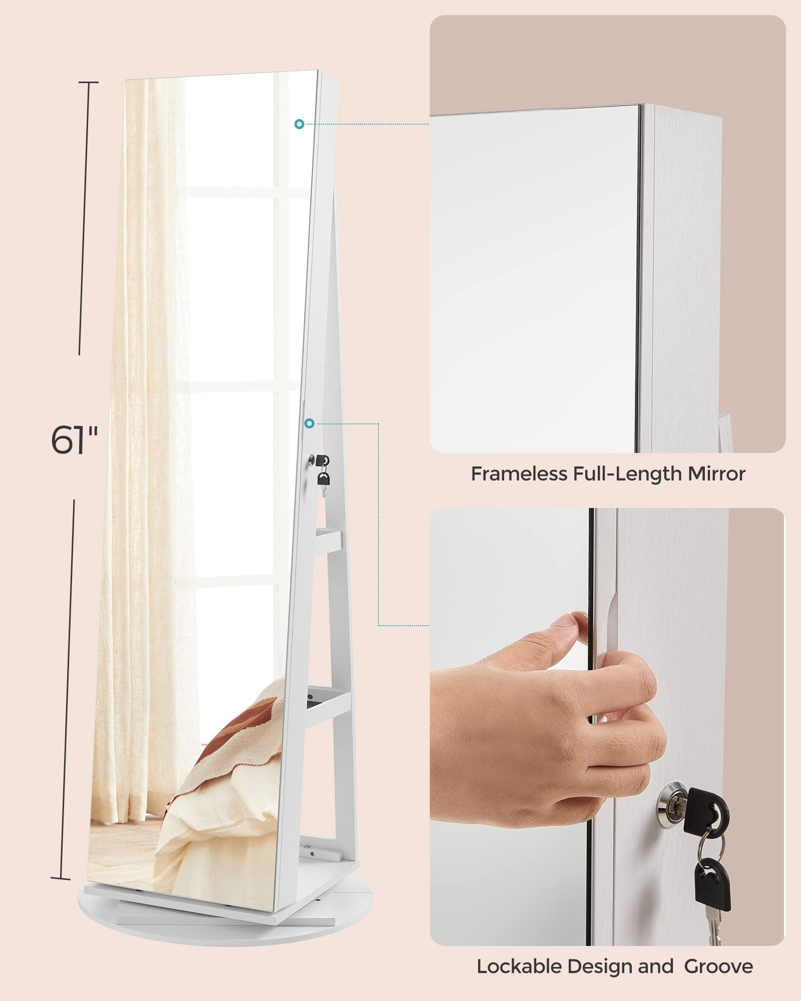 White lockable frameless full-length mirror cabinet with groove and lock detail.