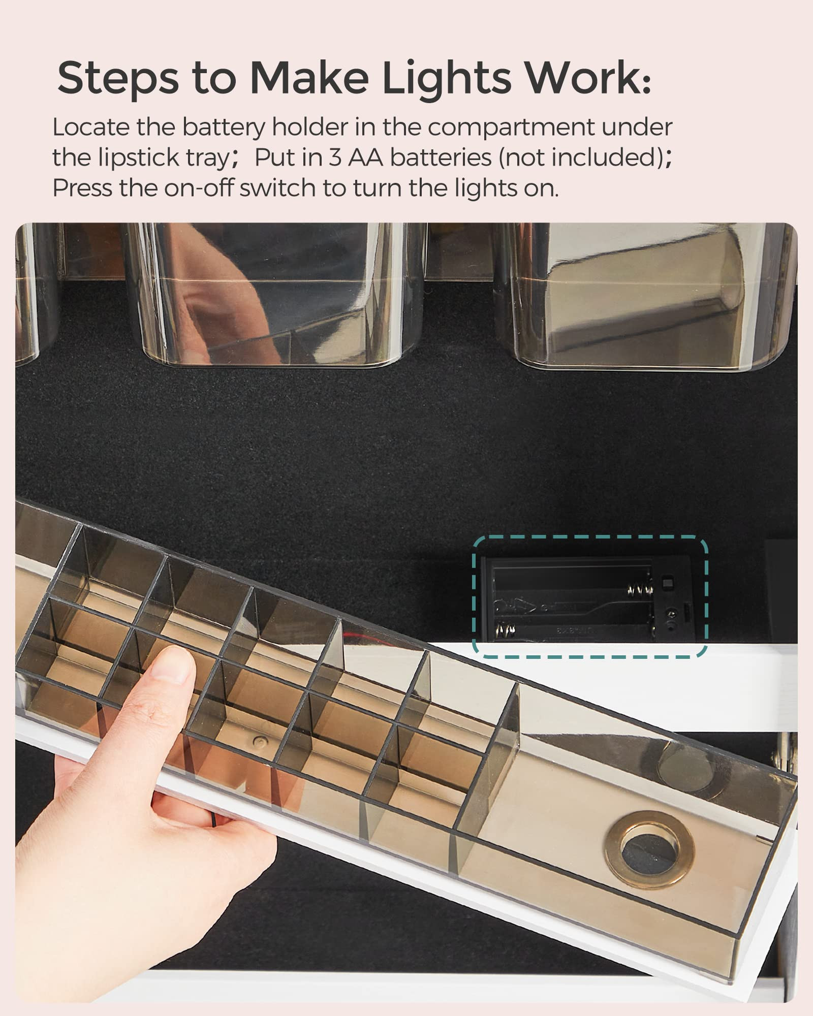 Interior battery holder area for LED lights in mirror jewelry cabinet
