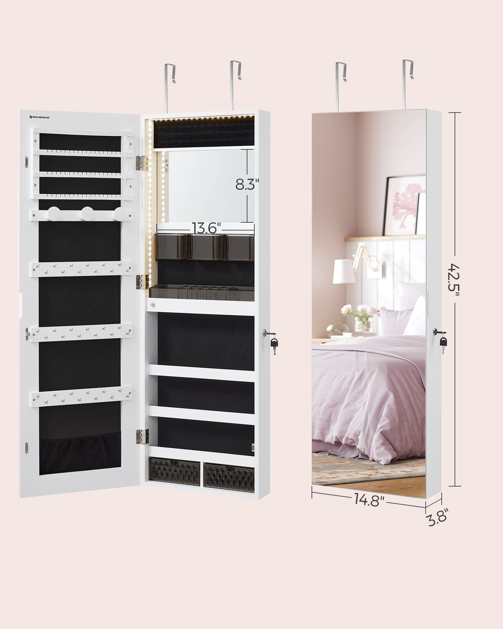 White mirror jewelry cabinet armoire with LED mirror and key dimensions
