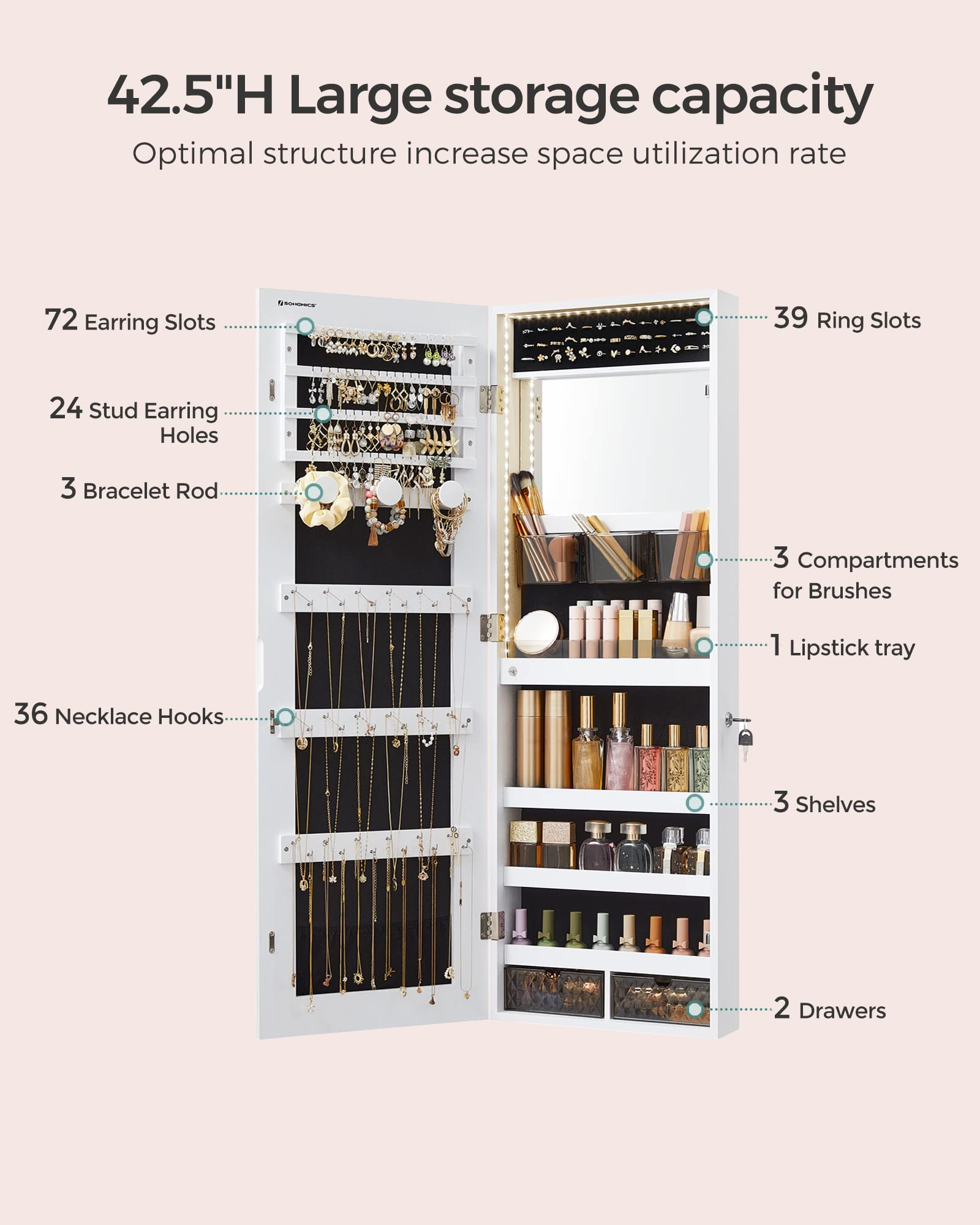 White mirror jewelry cabinet armoire labeled with jewelry storage capacities and drawer/shelf counts