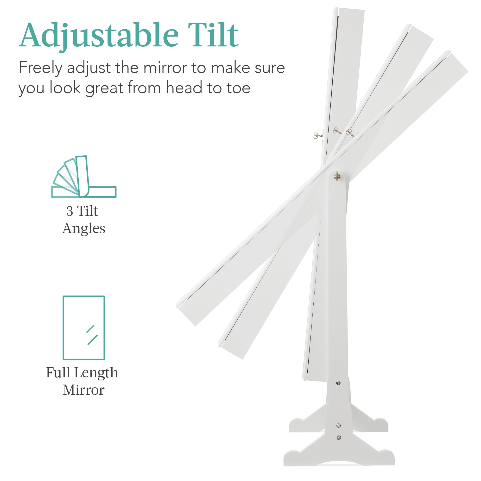 Adjustable three-tilt angles for full-length mirror on white jewelry armoire