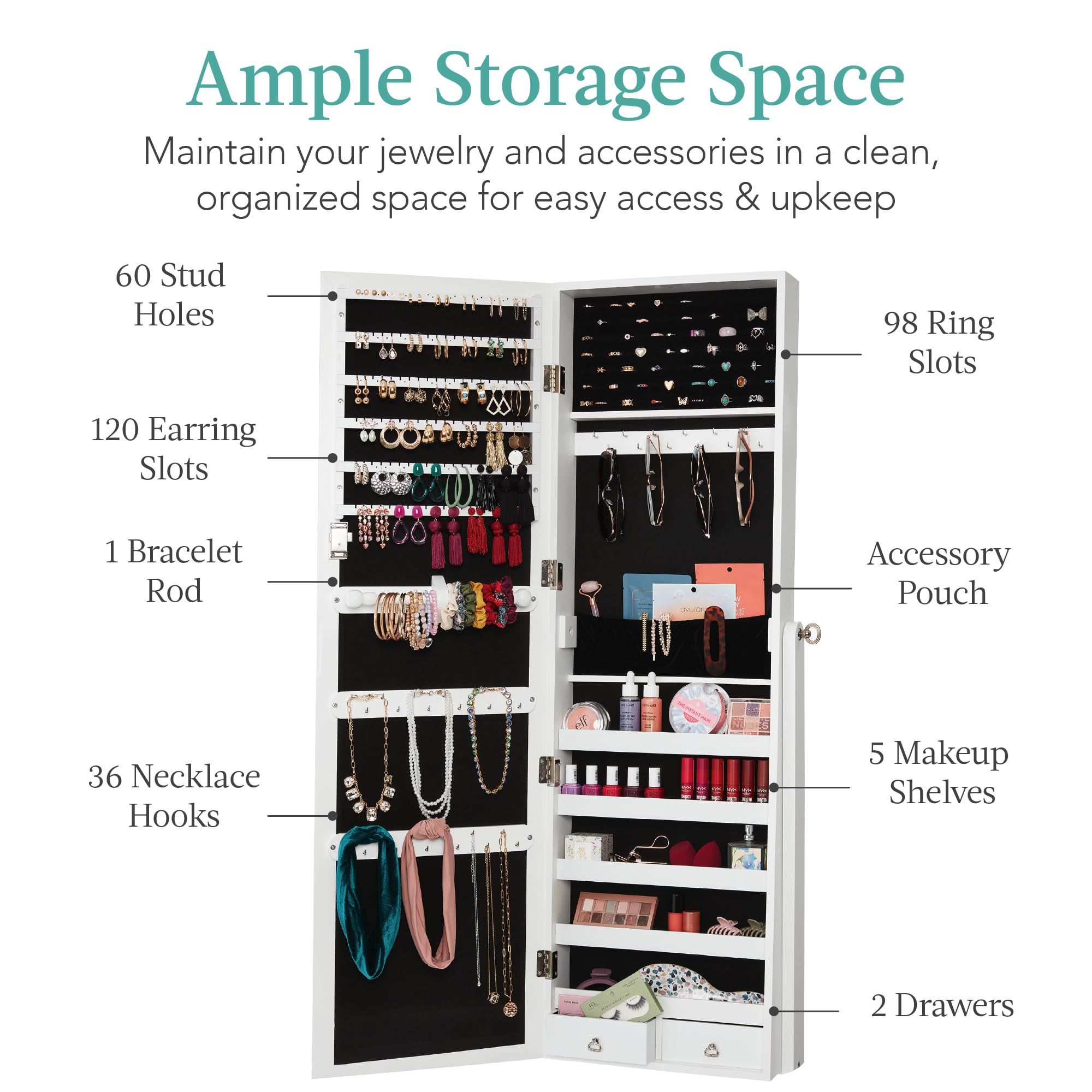 Interior storage capacity diagram for white jewelry armoire cabinet