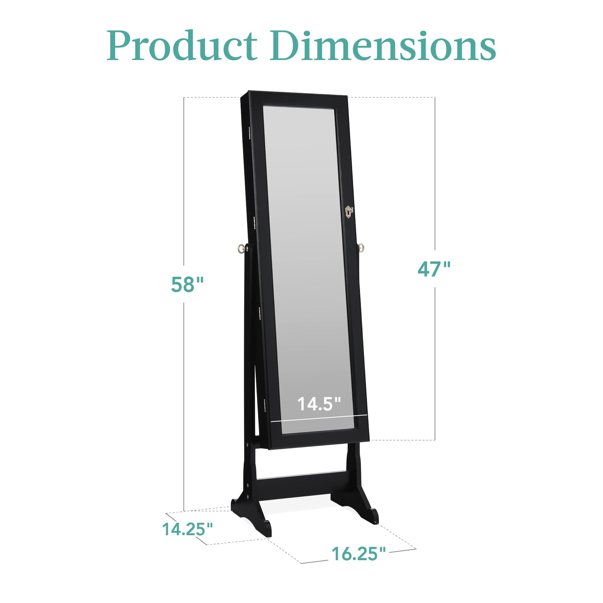 Product dimension diagram for the black full-length mirror jewelry armoire.