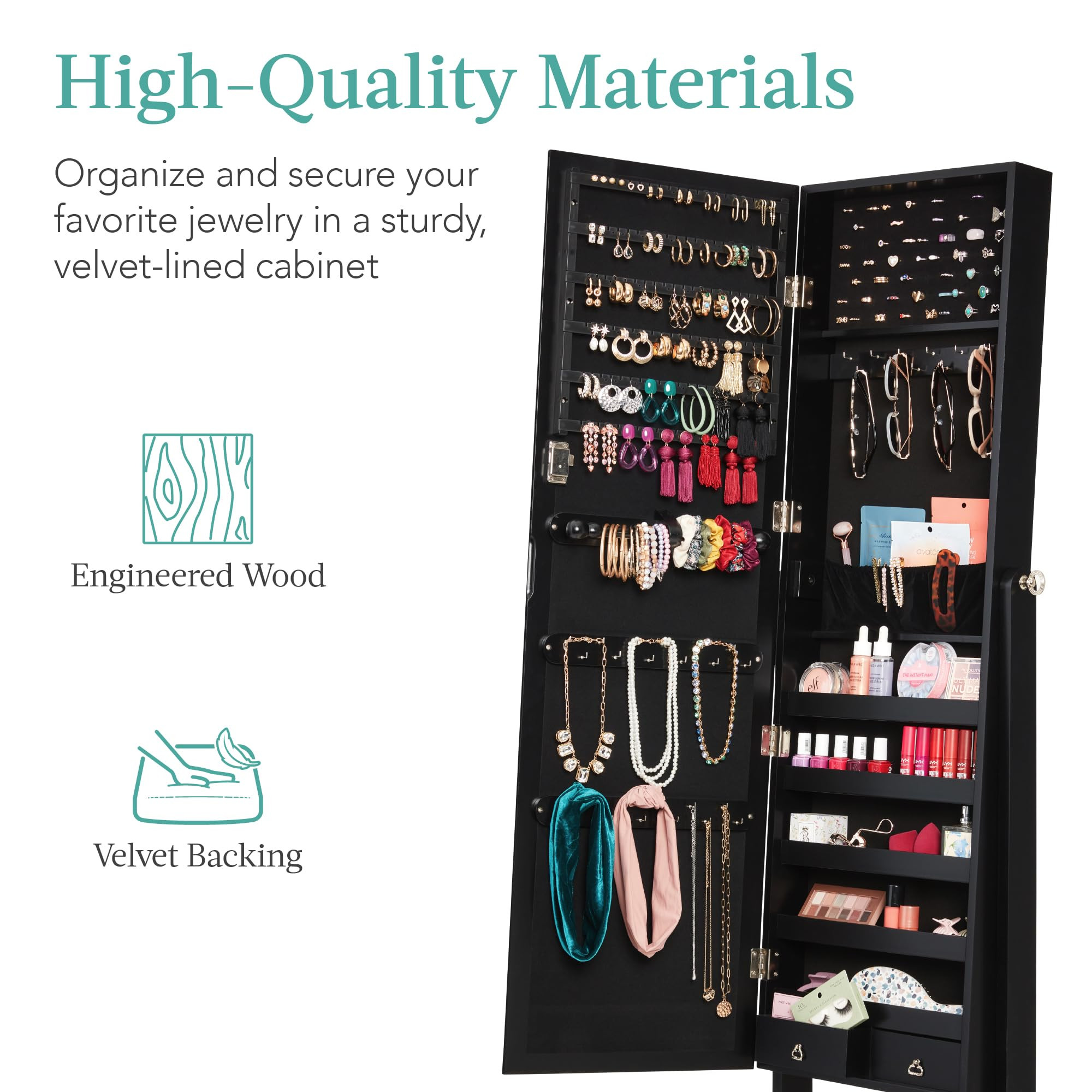 Black jewelry armoire infographic showing velvet backing and engineered wood materials.