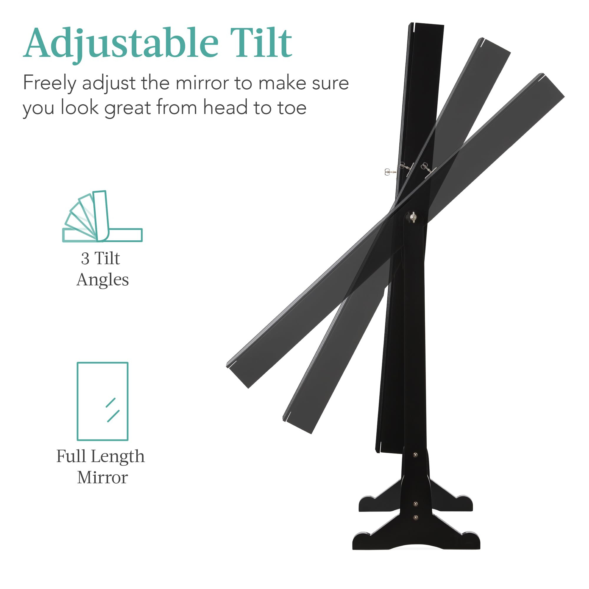 Black jewelry armoire infographic showing adjustable 3 tilt angles for full-length mirror.