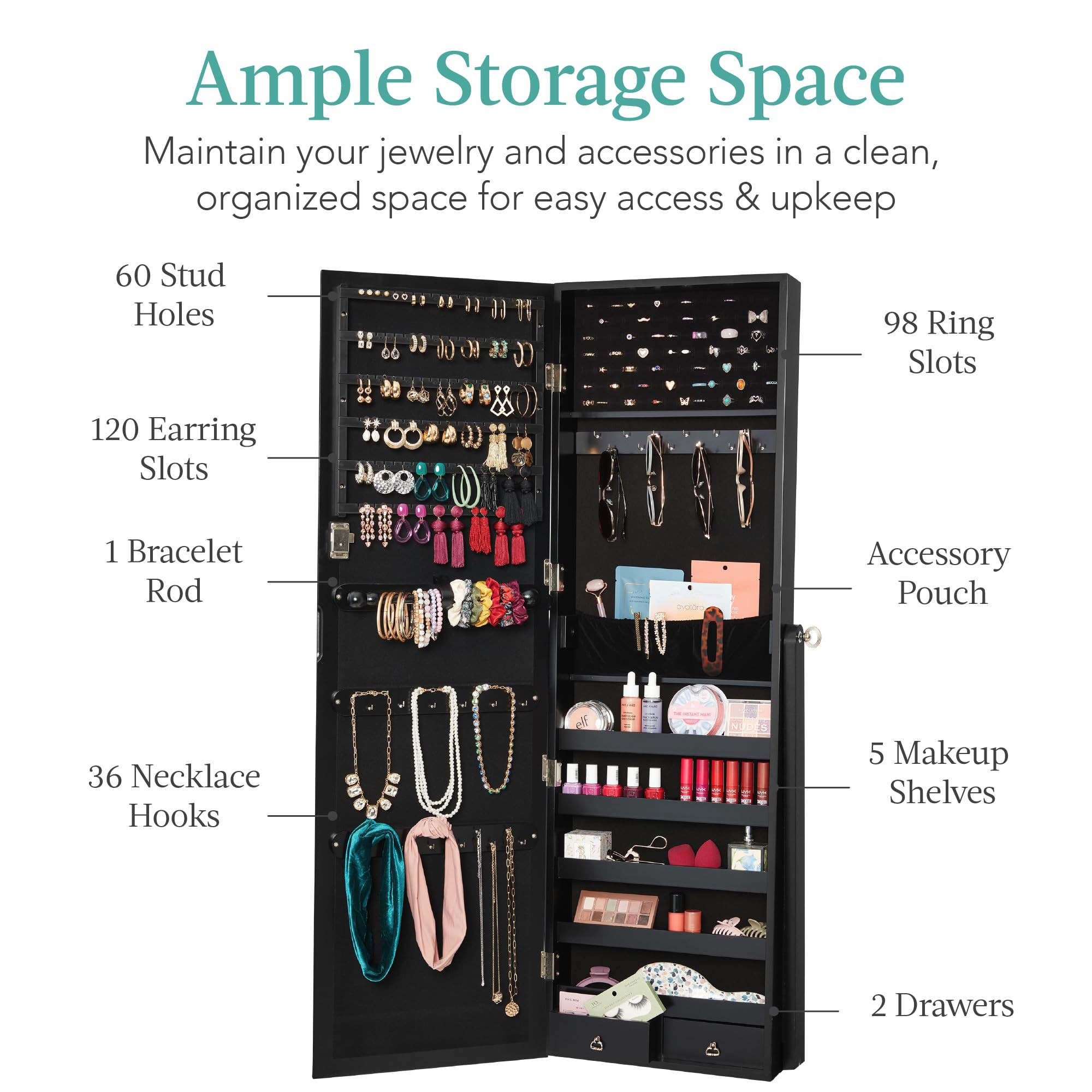 Black jewelry armoire capacity infographic with ring slots, earring slots, hooks, and drawers.
