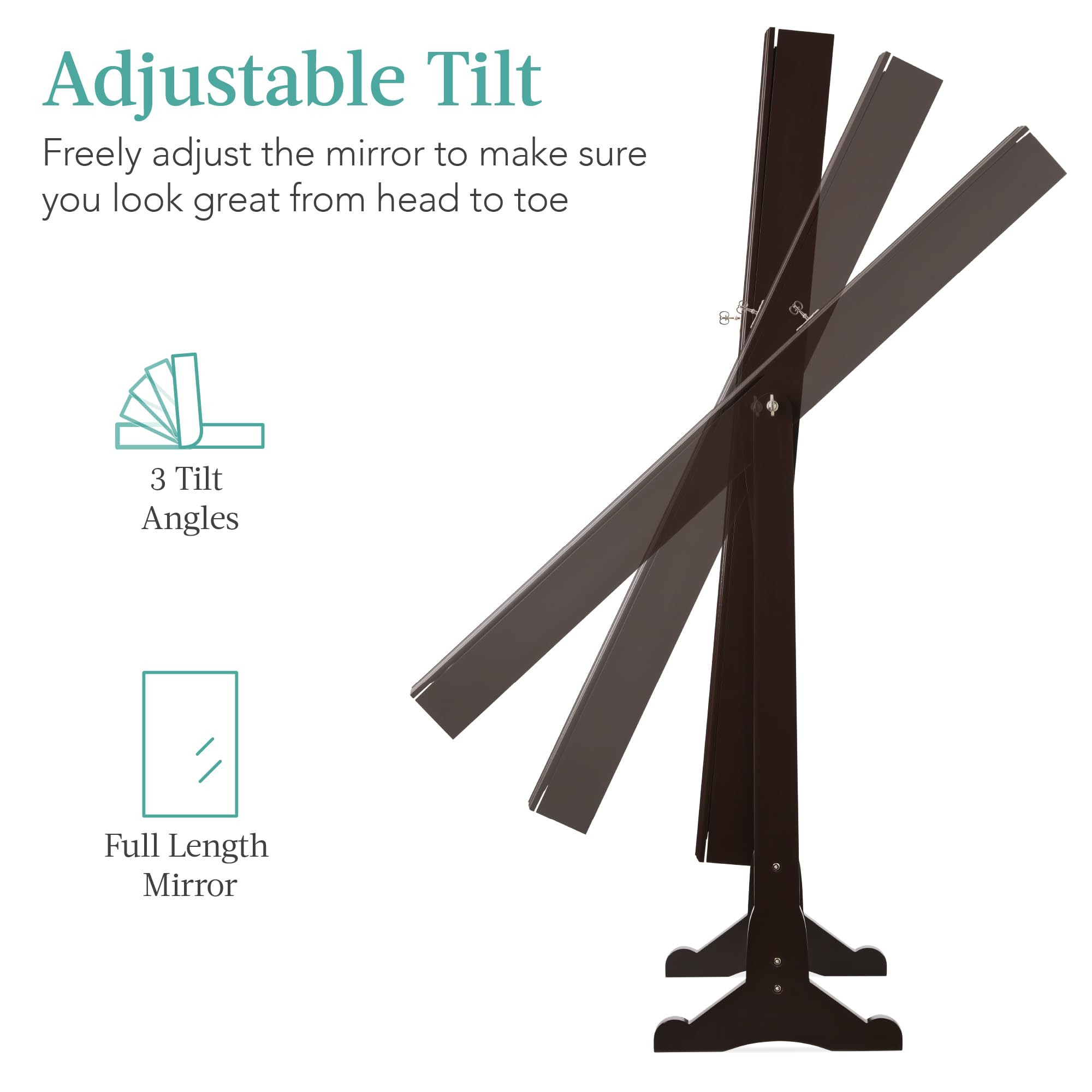 Adjustable tilt and three mirror angles for freestanding armoire