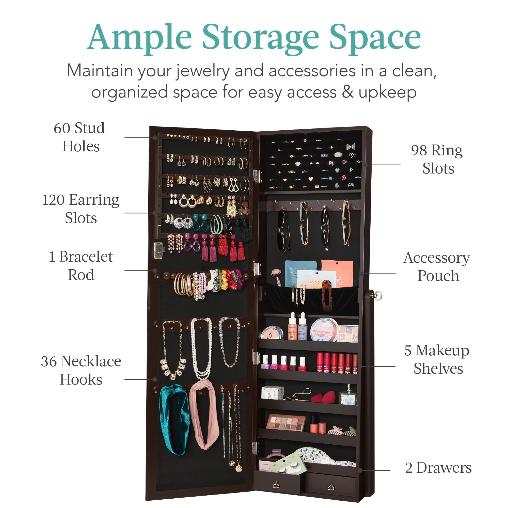 Jewelry storage armoire capacity layout with hooks, slots, shelves and drawers