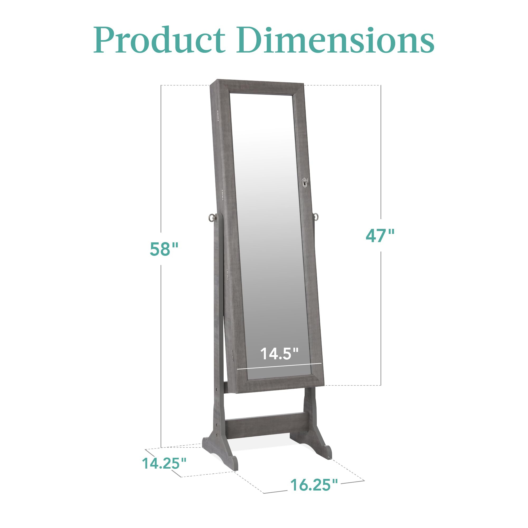 Product dimensions diagram for freestanding jewelry armoire cabinet