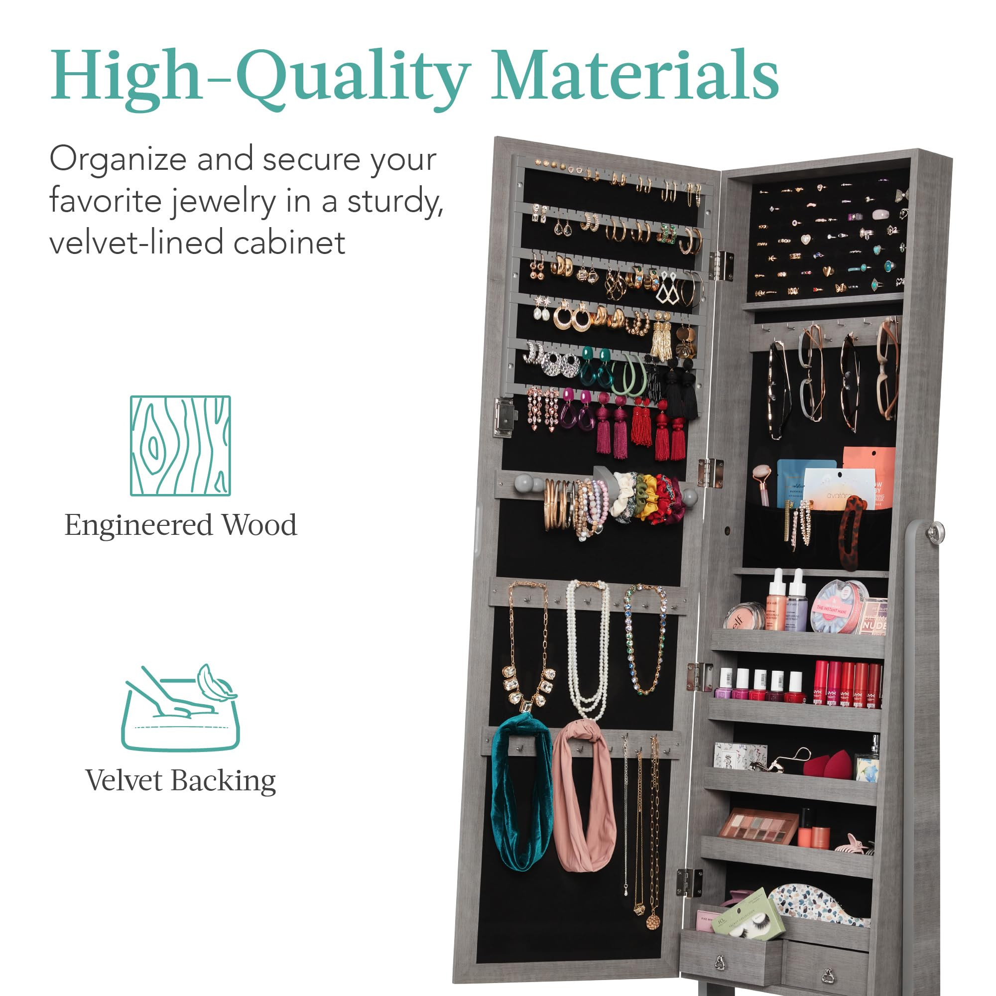 High-quality materials infographic for velvet-lined jewelry armoire