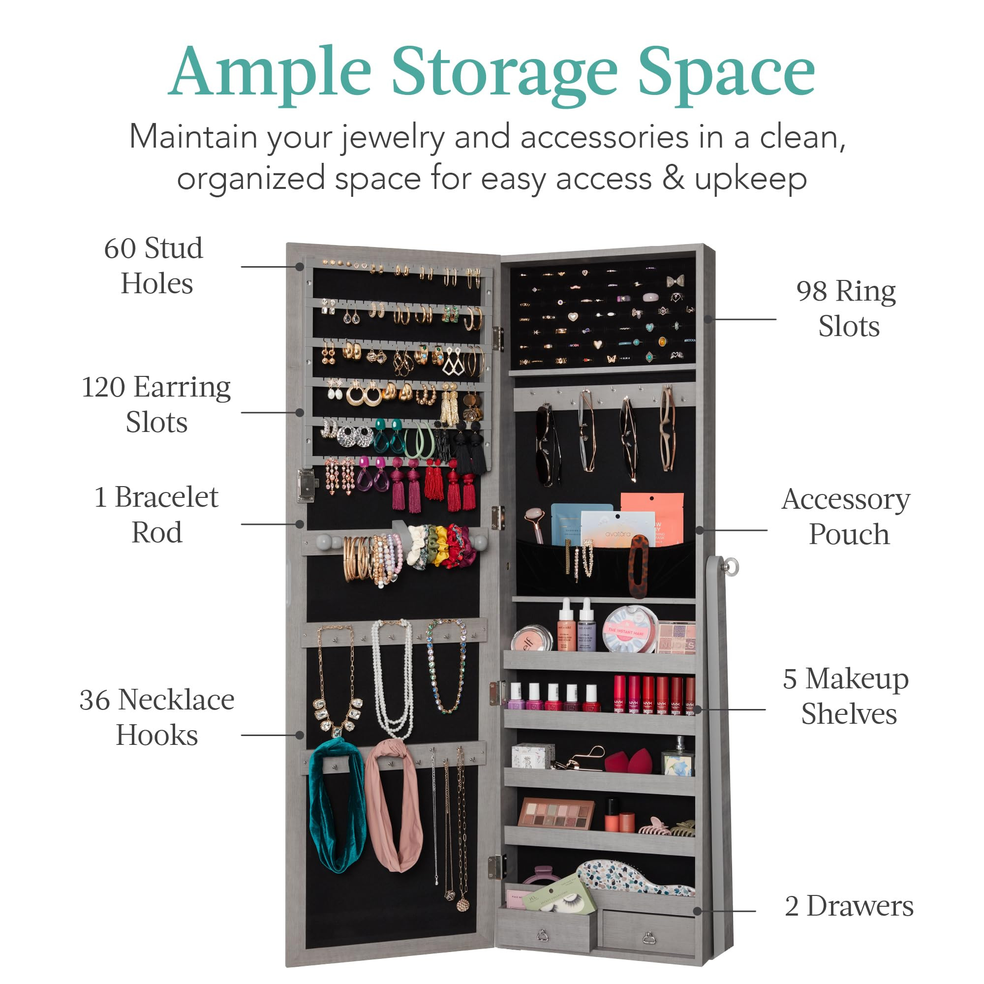 Storage capacity infographic for freestanding jewelry armoire