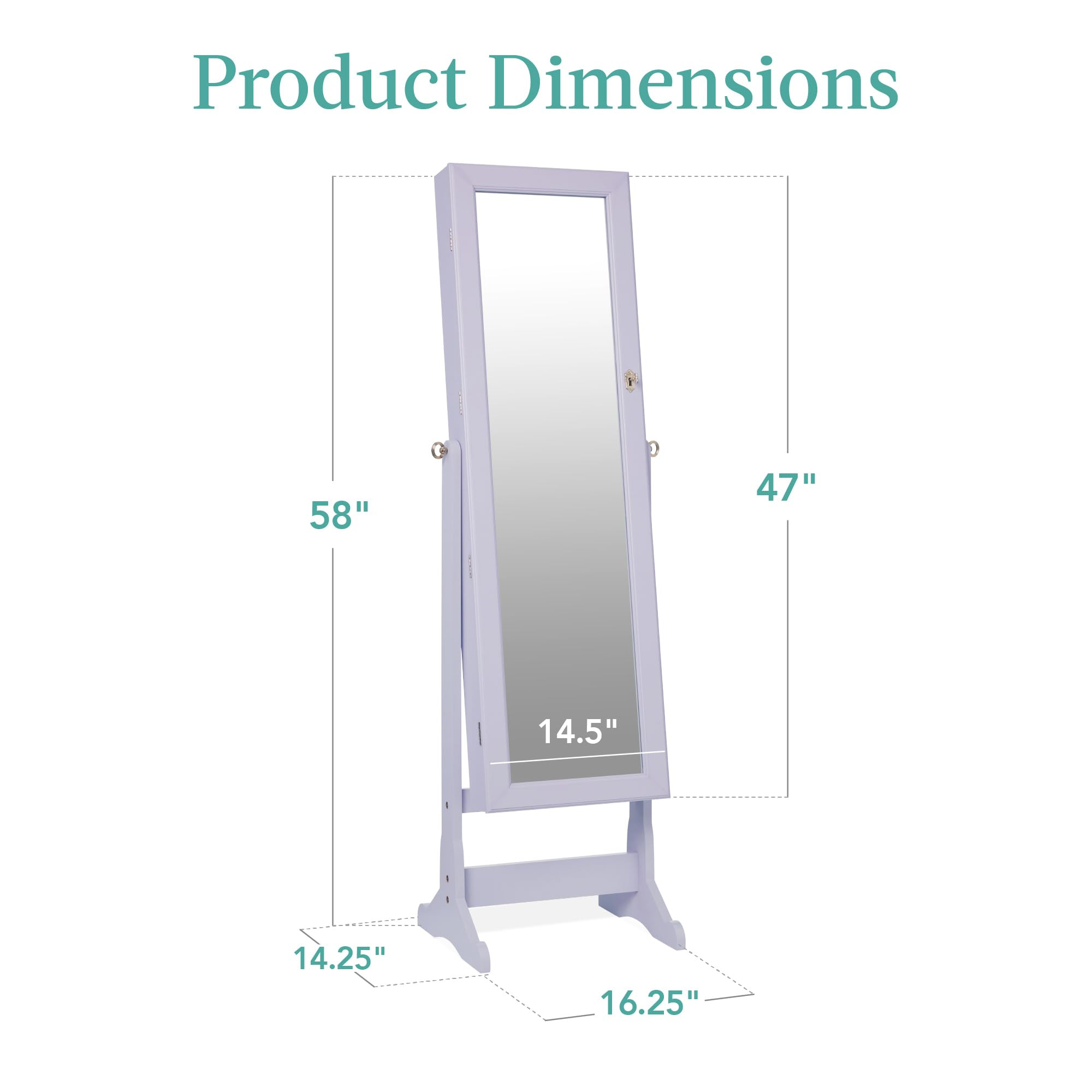 Product dimensions for lavender freestanding jewelry armoire cabinet with standing mirror