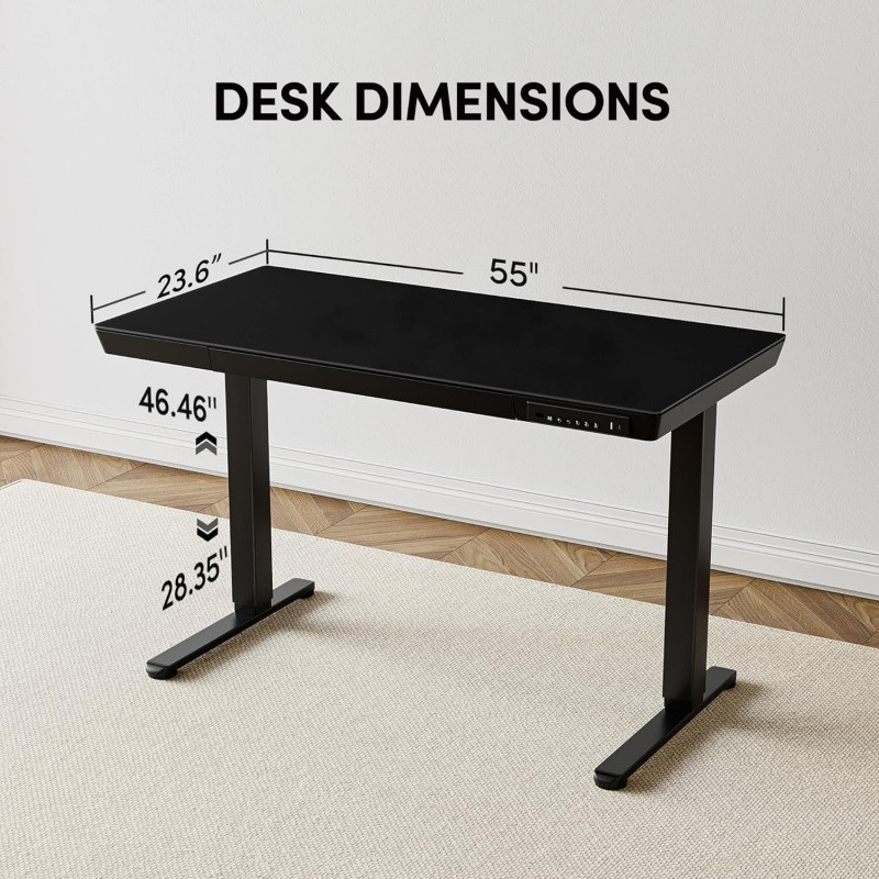 Desk dimensions: 55 inch width, 23.6 inch depth, and 28.35 inch height.