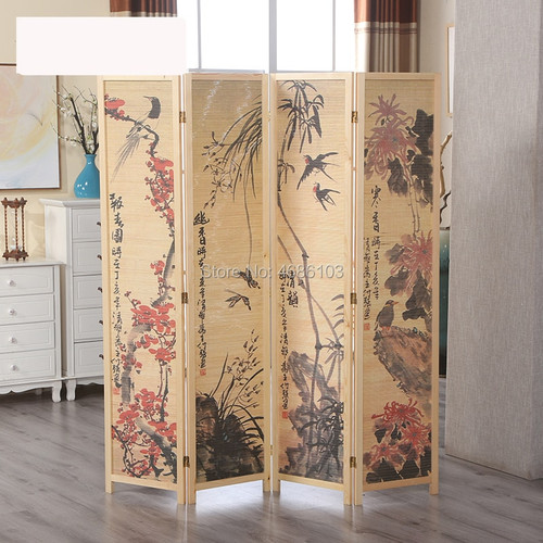 Chinese Landscape Flowers and Birds Folding Room Screens Wood Screens 4pcs Wood Dividers Outdoor Dividers Screens Curtain