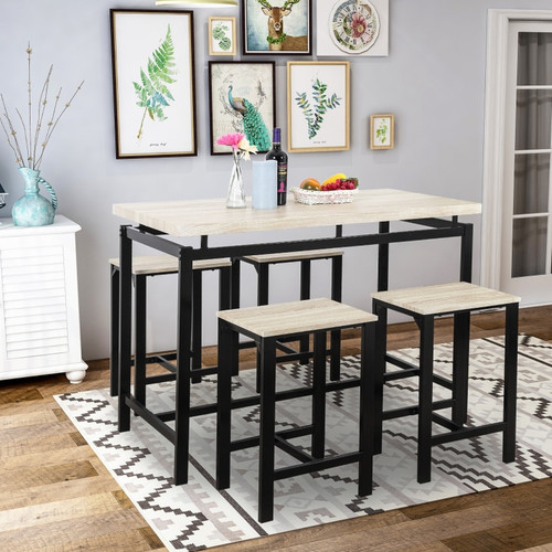 5 Piece Dining Set with Counter and Pub Height, for Dining Room and Home, Easy Assembly, Black Metal Legs+Beige Wooden Table Top