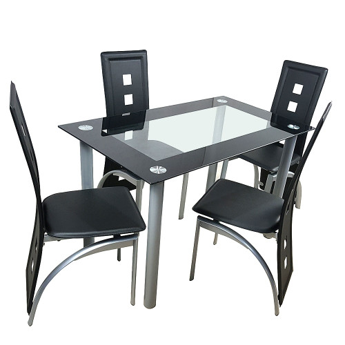 110cm Dining Table Set Tempered Glass Dining Table with 4pcs Chairs Transparent & Black Dining Table Dining Chair