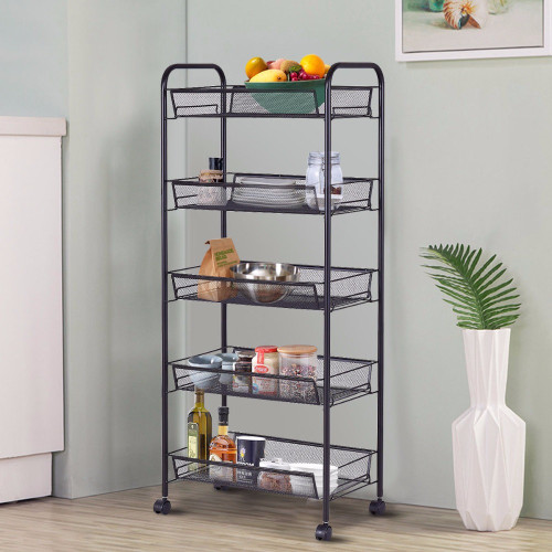 Giantex 5 Tier Mesh Rolling File Utility Cart Home Portable Trolley Organizer Office Kitchen Storage Basket HW66139BK