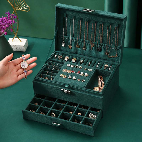 New 3-layers Women Green Stud Jewelry Box Organizer For Ring, Necklace And Makeup Holder with Lock 