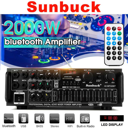 SUNBUCK 2000W 2CH Power Amplifier Audio bluetooth Stereo Amplifier Wireless Hifi Stereo For Home Karaoke Car 