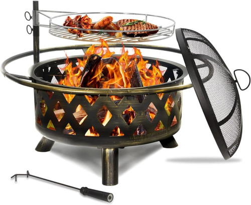 Fire Pit for Outside 30 Inch Outdoor Wood Burning Firepit Large Steel Firepit Bowl with Removable Cooking Swivel BBQ Grill