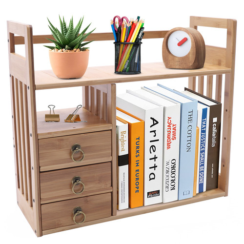Bamboo Desktop Bookshelf Organizer, Counter Top Bookcase, Office Desk Storage display Shelf Rack with 3 Drawers for Office