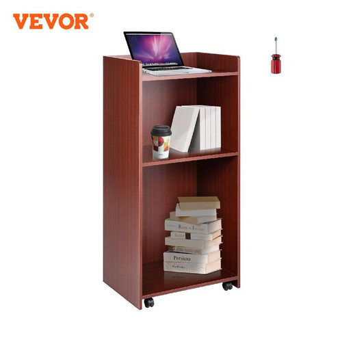 VEVOR Wood Podium 2 x 4 FT Lecterns w/ 4 Rolling Wheels Baffle Plate & Shelf Easy Assembly Walnut for Church Office 