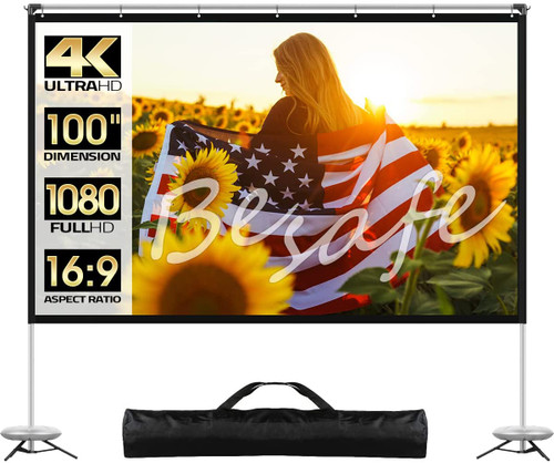 Projector Screen with Stand, 100 inch Outdoor Movie Screen with Tripods, 16:9 4K HD for Backyard Home Theater Outside Movie