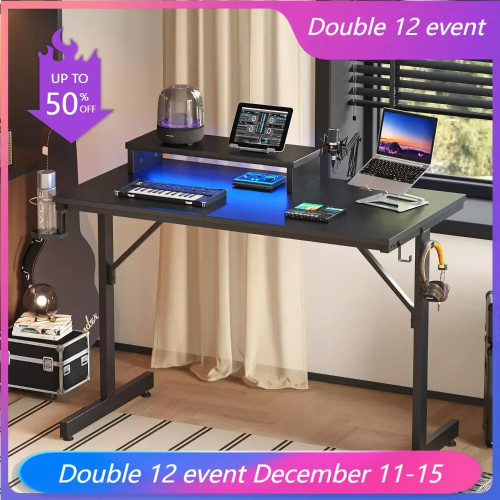 Small Computer Desk with Monitor Stand, 42 inch LED Office Desk, Study Writing Desk with Cup Holder & Headset Hooks, Mod