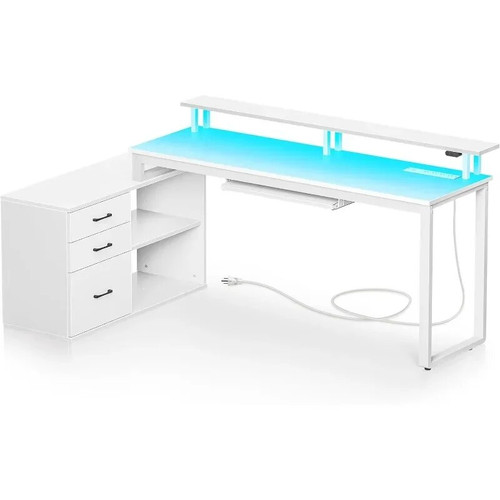 Computer Desk with File Drawer, Home Office Desk with Monitor Stand and Keyboard Tray, Corner Study Writing Table with Storage