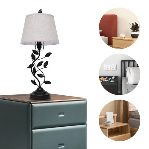 French Romantic Flower Desktop Decorative Light Home Living Room Bedside Table Black Leaf Table Lamps with USB