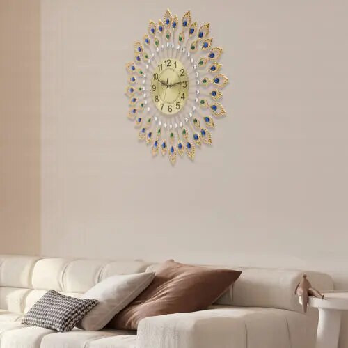 26.4" Wall Clock for Living Room Crystal Peacock Wall Clocks Modern Design 3D Clocks Wall for Home Decor Silent Non-Ticking