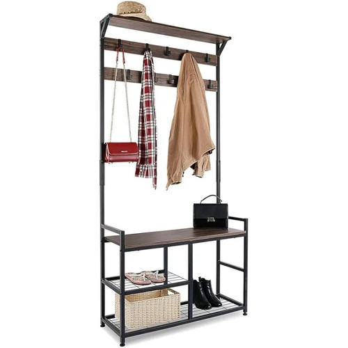 HOMEKOKO Coat Rack Shoe Bench, Hall Tree Entryway Bench with Storage, Wood Look Accent Furniture with Metal Frame