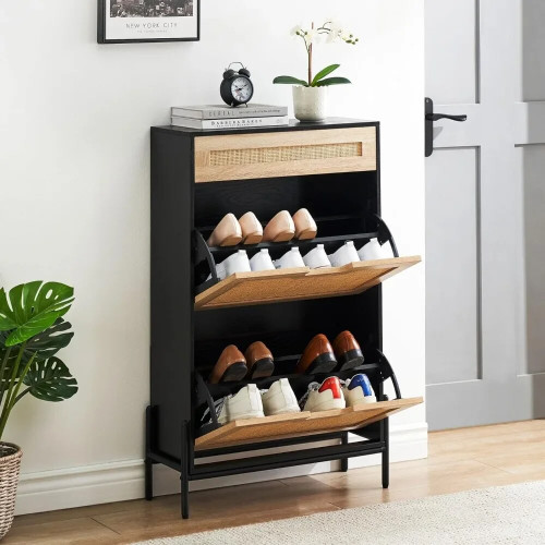 Natural Rattan 2 Flip Door Shoe Cabinet Organizer Freestanding Shoe Rack With 1 Drawer For Living Room Home Furniture 