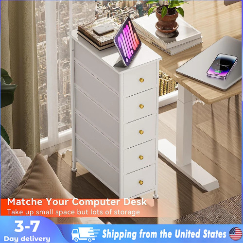 Narrow Dresser Storage  Cabinet Slim Dresser Chest Of Drawers With Steel Frame Golden Knob Wood Top Office Cabinet Cupboard