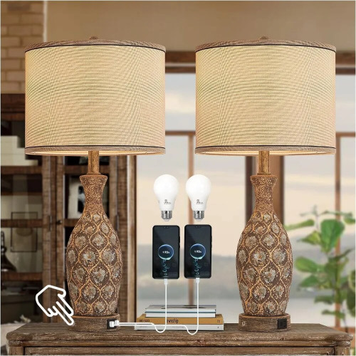 2 Psc Classical Ceramics Table Lamps,26.5" Bedside Lamps with USB A+C Ports, 3-Way Dimmable Bedroom Lamps for Nightstands