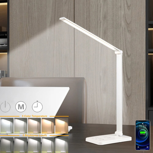 5W Wireless Charging LED Desk Lamp Dimmable USB Book Reading Light Bedroom Foldable Touch Control Table Lamp Auto-Off Timer