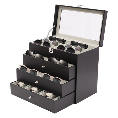 Black Leather 4 Layer Sunglasses Organizer Case, 6 Watch Box Jewelry Case,18pcs Eyeglass Storage Box Watch Display Case