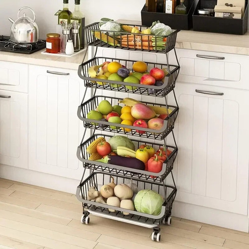 5 Tier Kitchen Fruit Vegetable Storage Cart, Wire Storage Organizer Utility Cart with Wheels, Black