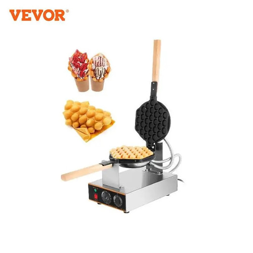 VEVOR Commercial Egg Bubble Waffle Maker 1400W Bubble Puff Iron w/ 180° Rotatable 2 Pans & Wooden Handles Stainless Steel Baker
