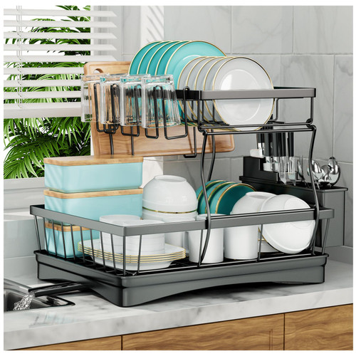 2-Tier Dish Drying Rack with Drain Board, Black