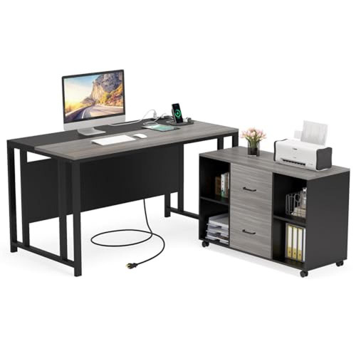Office Executive Desk File Cabinet USB Ports Gaming Home L-Shaped Grey Wood Metal 