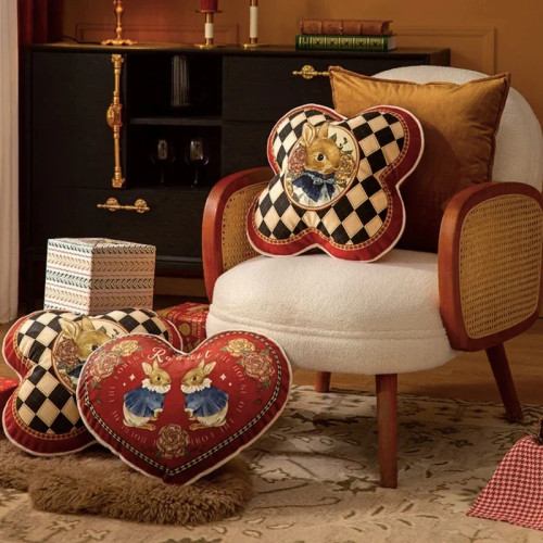 Velvet Stuffed Soft Pillow for Sofa Bedding Joyful Red Check Heart Rabbit Cushion Office t Chair Chic Deco