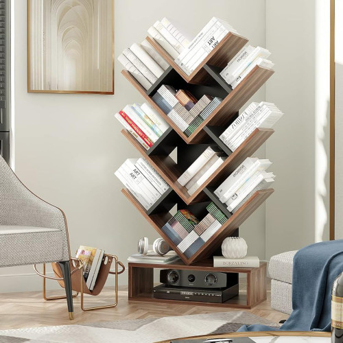 Tree Bookshelf, 5-Shelf Floor Standing Bookcase, Free Standing Magazines Books 