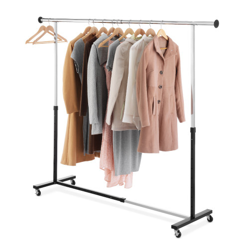 Adjustable Rolling Expandable Garment Rack, Metal, Black and Chrome, for Hanging Clothes, 