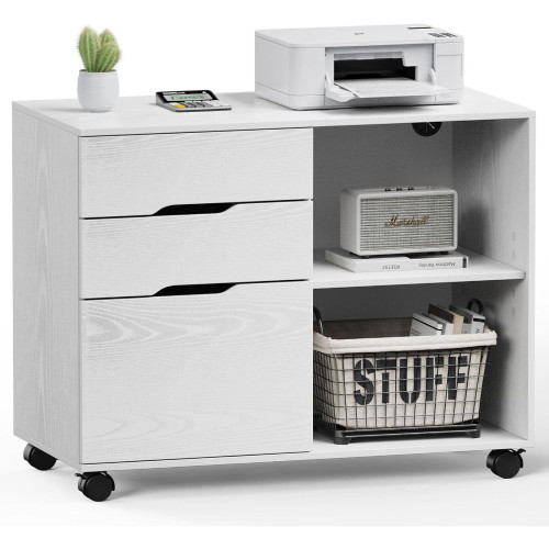 File Cabinet 3 Drawer - Printer Stand Lateral Mobile Under Desk Organizer Wooden with Wheels Adjustable