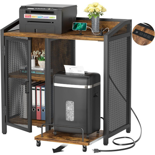 3-Tier Lateral Office Filing Cabinets with Socket and USB Charging Port, Modern Printer Stand and Paper Shredder Stand