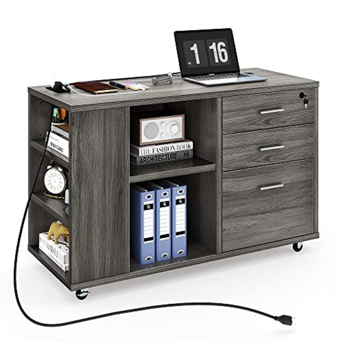 3 Drawer File Cabinet Charging Station Office Furniture Organizer Grey Lockable Wheeled Storage 